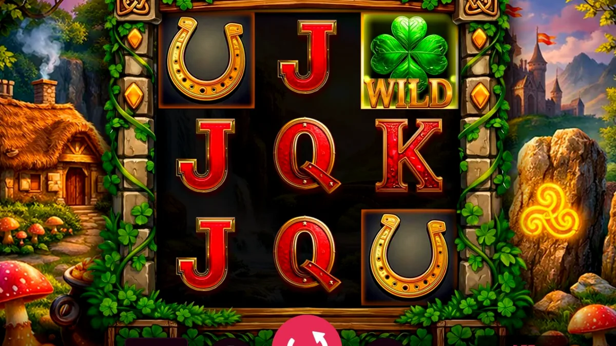 Interface do jogo de slot Lucky Leaf com trevos e moedas douradas