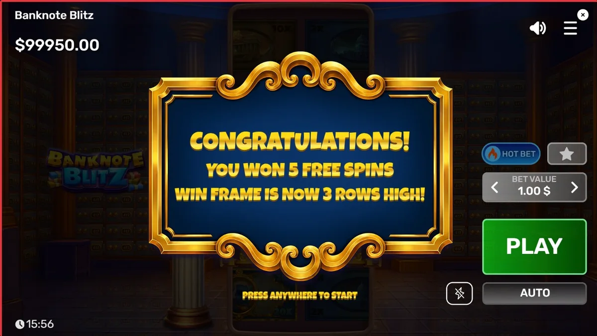 Interface do jogo Banknote Blitz com elementos de cofre e notas de dinheiro